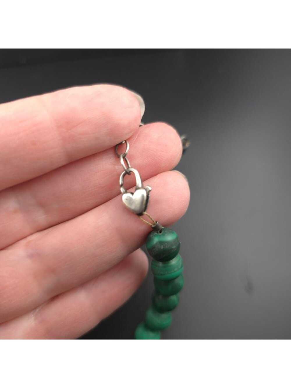Vintage Malachite Beaded Necklace Earrings Set Sterling Silver 19 inches - Picture 7 of 8